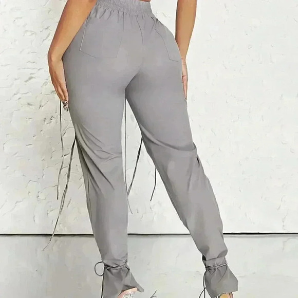 Grey Casual Womens Flap Pocket Side Drawstring Hem Cargo Pants - Picture 4 of 5
